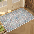Lahome Floral Washable Rugs for Entryway, 2x3 Kitchen Rugs Non Slip Boho Soft Door Mat Indoor Entrance, Ultra-Thin Easy Clean Forest Design Small Throw Carpet for Bedroom Bathroom, Beige/Blue