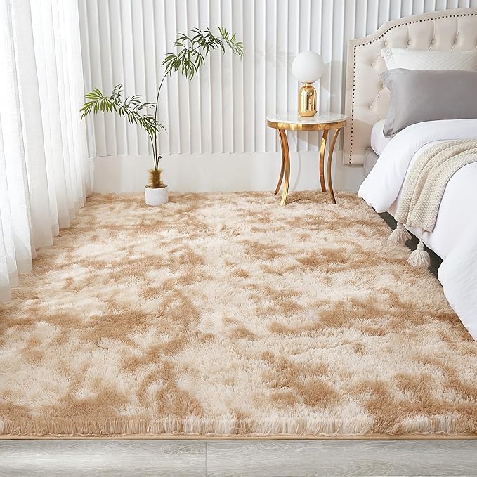 Andency Area Rugs 9x12 for Living Room Home Decor, Large Shaggy Bedroom Carpet, Non-Slip Big Shag Indoor Thick Soft Fluffy Furry Fur Area Rugs for Kids Dorm Nursery Aesthetic, Tie-Dyed Beige
