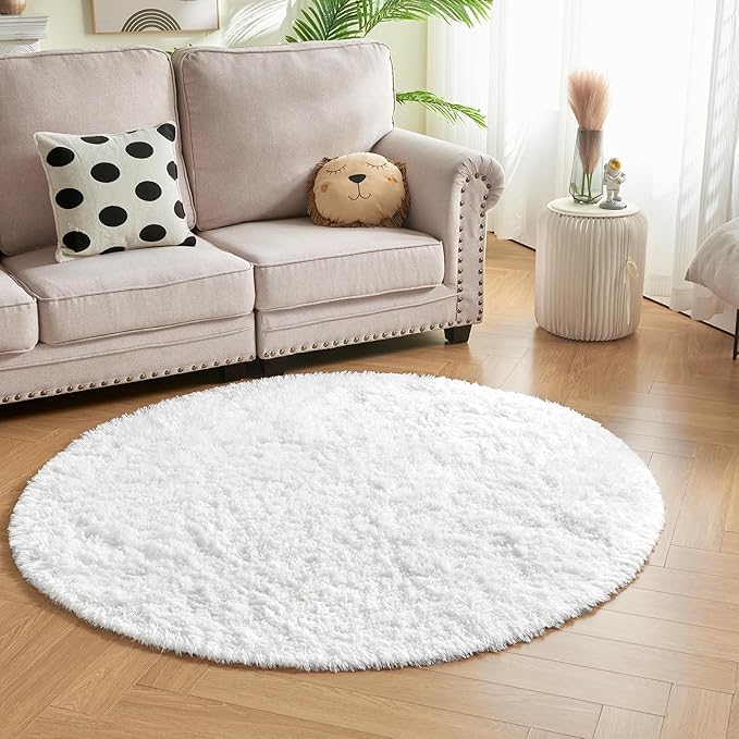 Andency White Round Area Rug for Living Room, Large Shag Circle Rug 7x7 for Bedroom, Fluffy Faux Fur Carpet for Room Home Decor, Circular Fuzzy Plush Rug for Playroom Dorm Home Decor