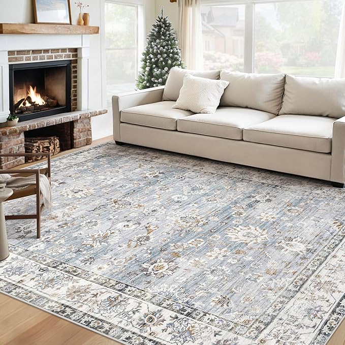 Area Rug 6x9 Living Room Rug, Machine Washable Vintage Distressed Boho Area Rug Non-Slip Soft Low Pile Large Indoor Rugs for Bedroom Kitchen Dining Room Office(Light Blue,6'x9')