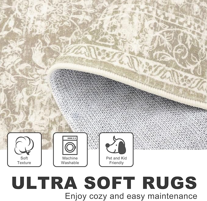 KILOCOCO Hallway Runner 3x8 Rug Runner Printed Vintage Floral Washable Kitchen Runners Non-Slip Rubber Backed Runners for Hallways Laundry Room Distressed Boho Rugs for Entryway Bedroom, Beige