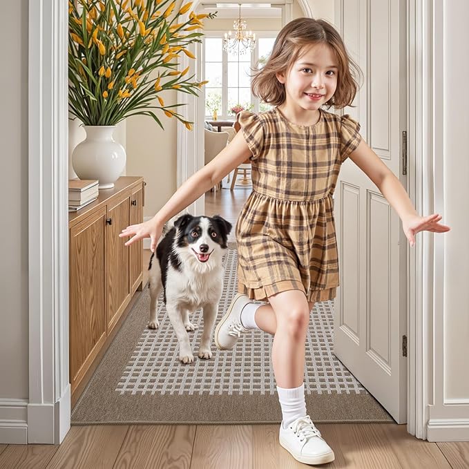 LUMI Inside Door Mat for Entry 17''x30'', Absorbent, Dirt Trapper, Low Profile Thin, Non Slip Mats with Rubber Backing, Ideal for Indoor, High Traffic, Garage, Entrance, Checkered Beige