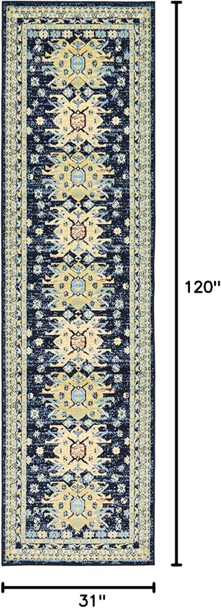 Unique Loom Taftan Collection Border Geometric Tribal Inspired Design Area Rug (2' 7 x 10' 0 Runner, Navy Blue/ Gold)