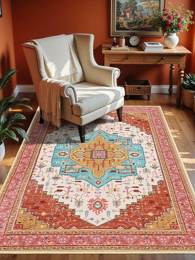 4x6 Orange Pink Area Rug for Living Room, Machine Washable Rugs with Non-Slip Backing for Bedroom, Vintage Medallion Carpet Kitchen Laundry Kids Room Decor