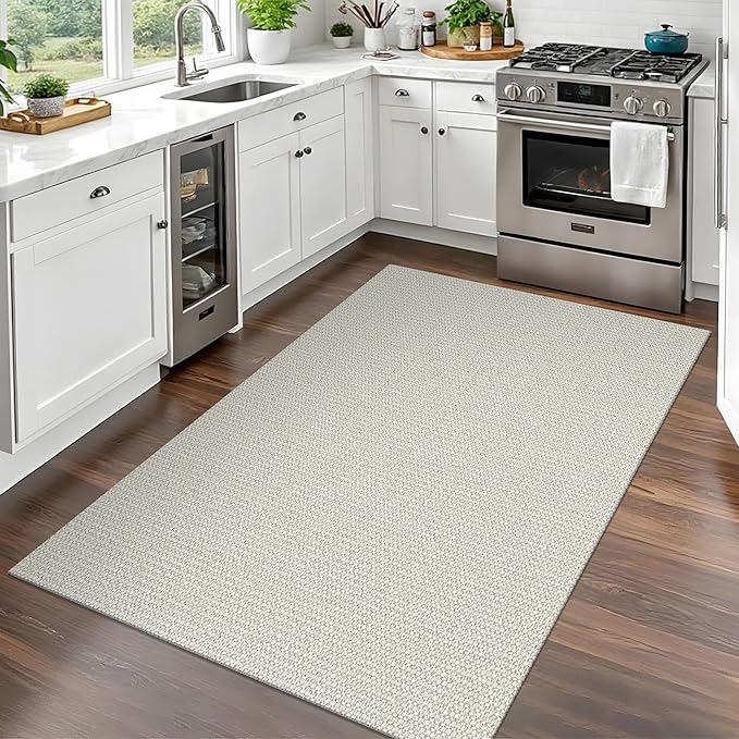 EARTHALL Woven Area Rug 3x5 Ft Washable Rugs for Entryway, Braided Rubber Backed Throw Rugs Door Mat Indoor Outdoor Entrance, Cotton Rug for Kitchen Foyer Front Door Living Room, Cream/Grayish