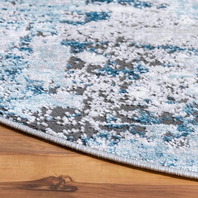 Rugs.com Leipzig Collection Round Rug – 7 Ft Round Blue Low-Pile Rug Perfect for Kitchens, Dining Rooms