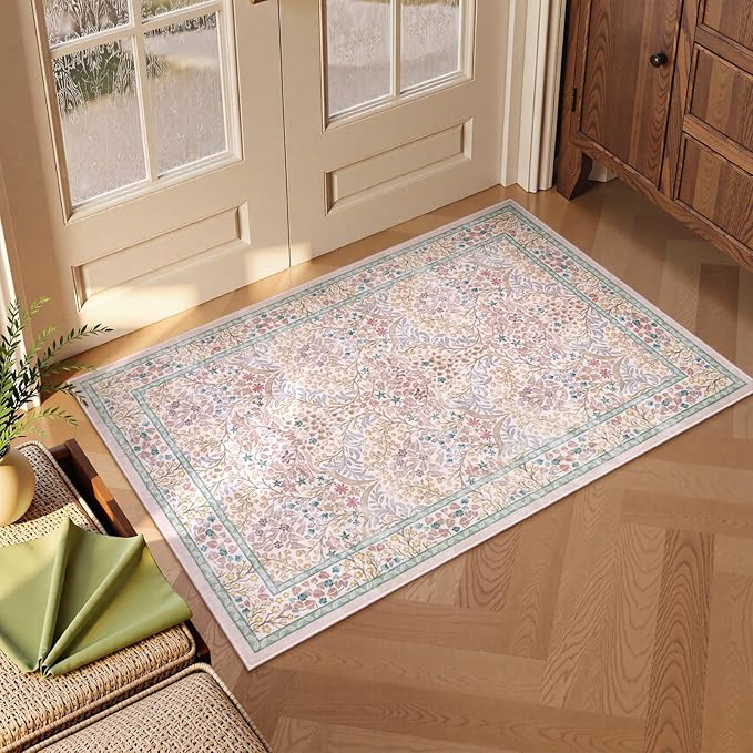 Lahome Floral Entryway Rug, 2x3 Kitchen Rugs Non Slip Washable Boho Pink Forest Design, Soft Door Mat Indoor Entrance, Ultra-Thin Easy Clean Small Throw Carpet for Bedroom Bathroom, Pink