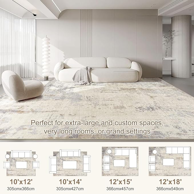 10x12 Area Rug Living Room Rugs - Washable Neutral Modern Abstract Soft Thin Rug Indoor Floor No Slip Rug Carpet for Bedroom Under Dining Table Home Office Decor - Light Brown/Gray