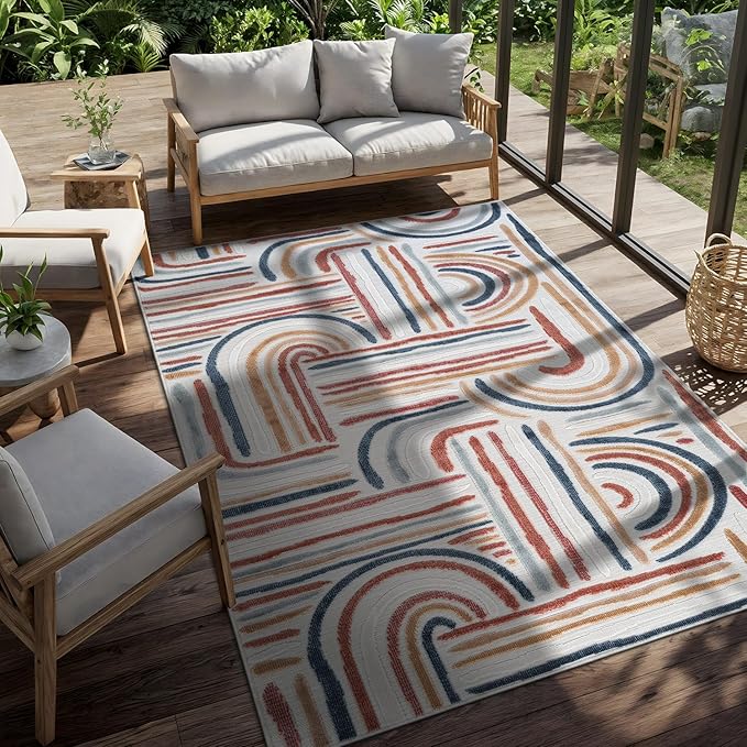 CAMILSON Indoor Outdoor Rug, Multicolor 8x10 Geometric Arch Striped Area Rugs for Patio and Home Areas, Easy-Cleaning Non-Shedding Living Room, Garden and Deck Washable Outside Carpet (8 x 10)