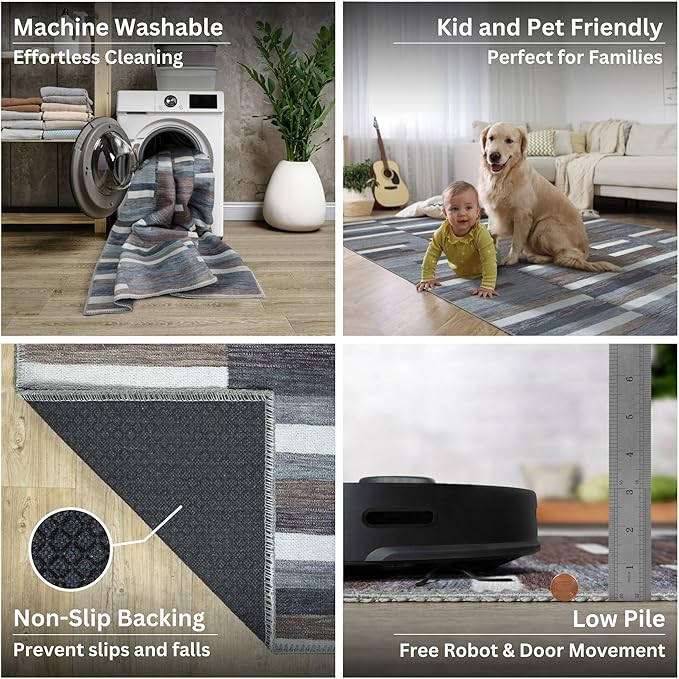 Bloom Rugs Washable Non-Slip 9' x 12' Rug - Blue/Brown Striped Area Rug for Living Room, Bedroom, Dining Room, and Kitchen - Exact Size: 9' x 12'