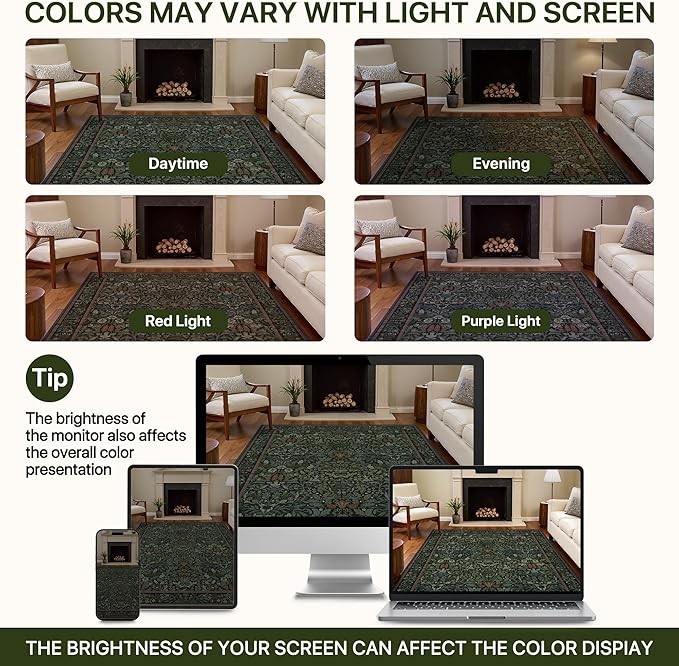 Bavni Floral Dark Green Area Rugs 8x10, Vintage Boho Carpet Machine Washable, Non Slip Soft Low Pile Thin Rug for Bedroom, Living Room, Dining Room, Nursery