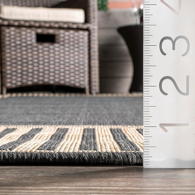 Nuloom Asha Dark Grey/Ivory, 2' x 8', Casual, Striped Border, Soft and Cozy, High Traffic, Stain Resistant, Easy Clean, Durable Runner for Indoor/Outdoor Patio, Deck, Porch, Garden, Courtyard