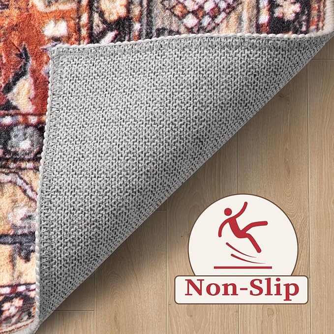 SERISSA Boho Round Area Rug, 5ft Washable Non-Slip Circle Rug, Ultra Soft Oriental Vintage Tribal Low-Pile Circular Carpet for Bedroom Entryway Kids Room Office College Dorm Living Room
