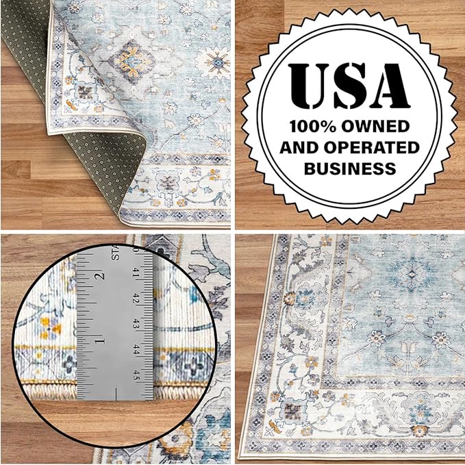 ReaLife Rugs Machine Washable Area Rug - Living Room Bedroom Bathroom Kitchen Entryway Office - Padded Low Pile Stain Resistant Premium - Boho Farmhouse Vintage - BEV - Blue Ivory 7'6" x 9'6"