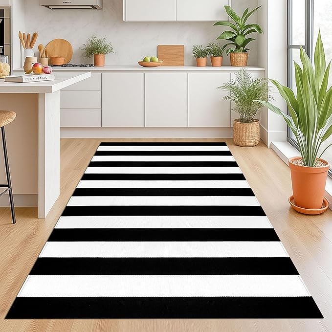 KOZYFLY Black and White Striped Area Rug 4x6 Ft Outdoor Rug Washable Indoor Outdoor Rug Hand Woven Cotton Door Mat Outdoor Entrance Mat for Front Door Kitchen Entryway Patio Front Porch Decor
