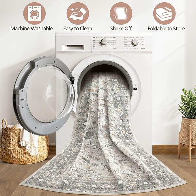 7x9 Area Rug Living Room: Washable Boho Large Neutral Vintage Soft Rugs Stain Resistant Distressed Farmhouse Non-Slip Indoor Floor Carpet for Bedroom Nursery Kids Office Dining Room- Taupe