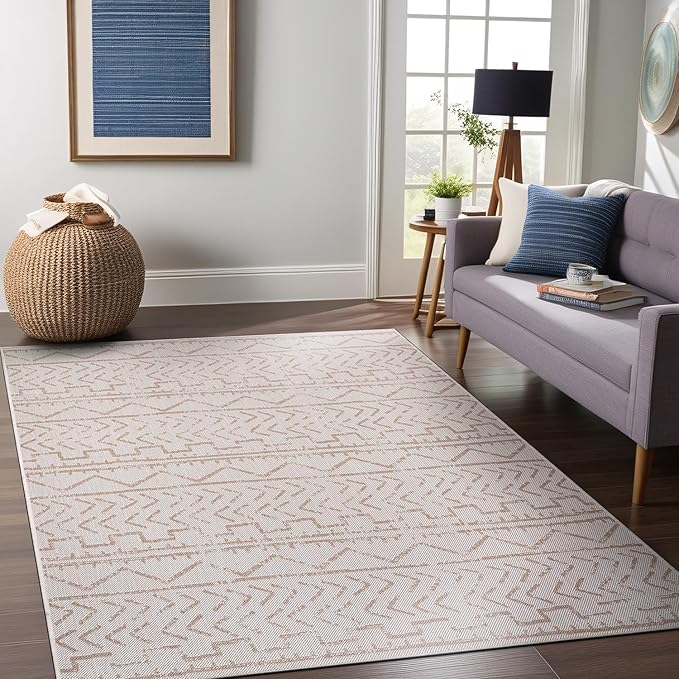 Beverly Rug Waikiki Indoor Outdoor Rug 5x7, Washable Outside Carpet for Patio, Deck, Porch, Trellis Area Rug, Water Resistant, Beige - White