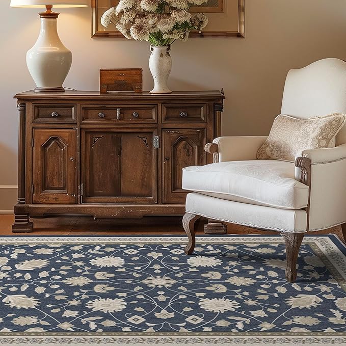 EVERGRACE Area Rugs for Living Room 4x6, Boho Floral Faux Wool Indoor Outdoor Rugs, Washable Rugs for Bedroom Entryway Dining Room Hallyway, Low Pile Floor Mat Carpet for Home Decor, Navy Blue