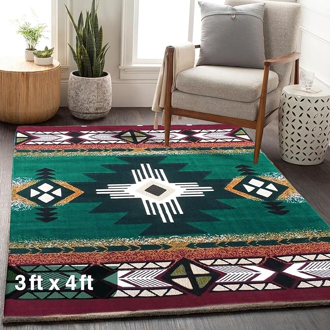 YHSF South West Native American Area Rug C318 - Easy Clean, Thick, Soft, Durable Native Tribal American Indian Inspired Rug for Bedroom/Living Room and More - Hunter Green, 3 Feet x 4 Feet 7 Inches