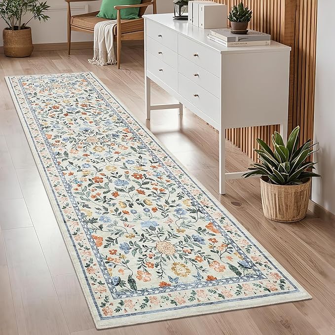 GarveeHome Washable Runner Rug 2 x 6 Non-Slip Non-Shedding Soft Vintage Bedside Rug, Low Pile Farmhouse Floral Carpet, Indoor Foldable Printed Entryway Rug for Hallway Kitchen, Green