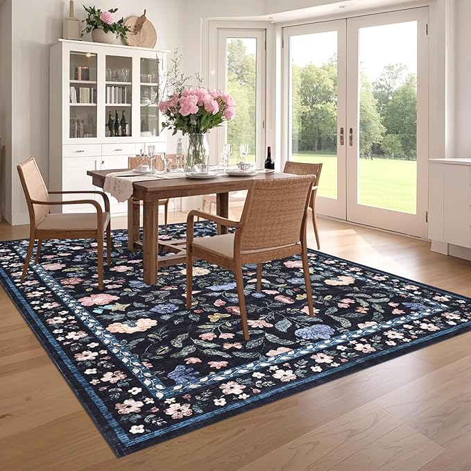 5x7 Washable Non-Slip Rug, Vintage Floral Area Rug for Living Room, Low Pile Farmhouse Distressed Carpet for Nursery Playroom Dorm Teens Office, Dark Grey Blue