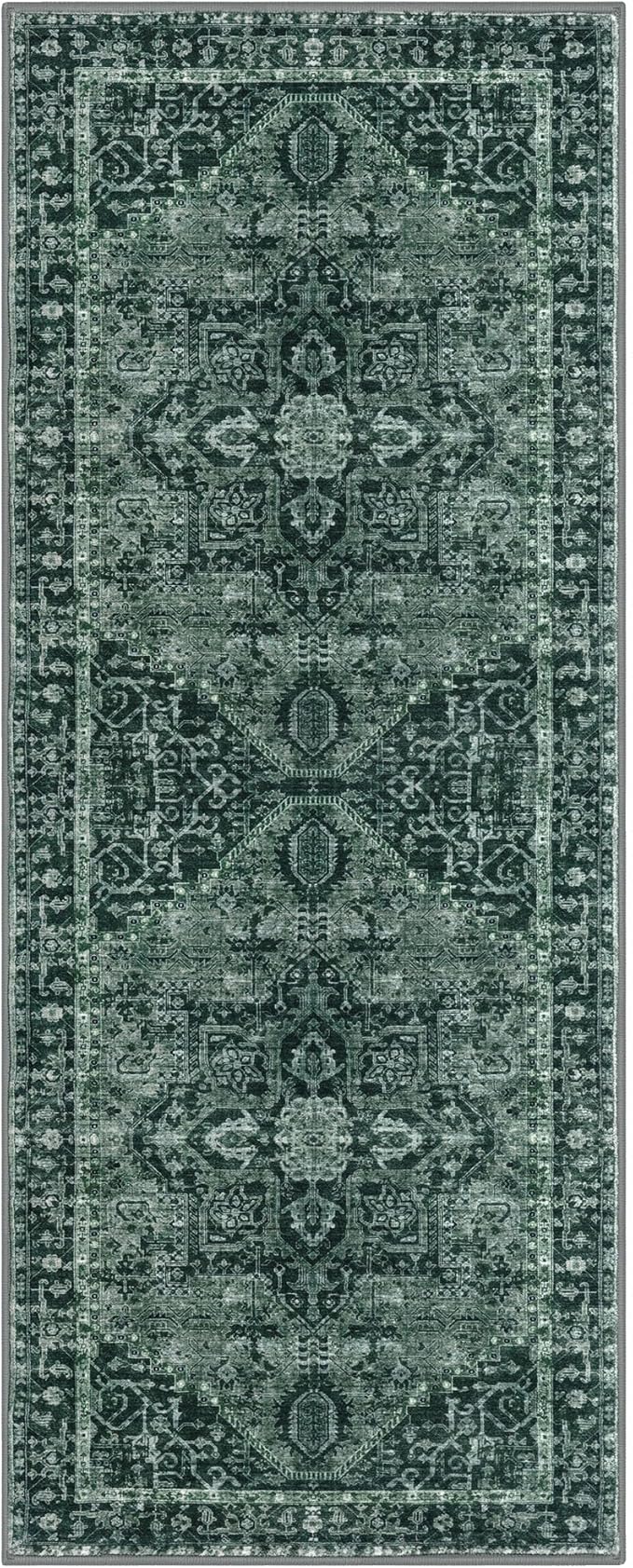 KOZYFLY Boho Runner Rug 3x8 Ft Washable Hallway Rug Faux Wool Printed Long Floor Carpet for Entryway Bedroom Kitchen Living Room Indoor Soft Durable Design, Dark Green
