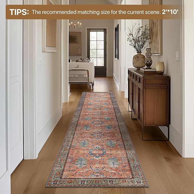 Bavni Runner Rug, Machine Washable Rugs for Bedroom 2x5, Non Slip Boho Rugs with Rubber Backing, Ultra-Thin Folable Rug Runner for Hallways Bathroom, Terracotta/Blue