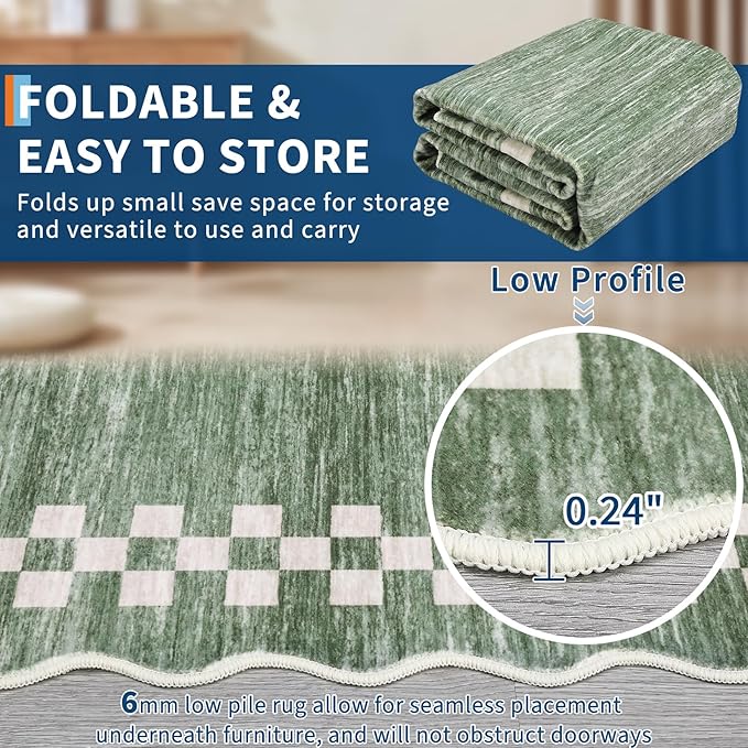 GarveeHome Washable Rug 5x7 for Living Room Large Bedroom Scalloped Rug Non Slip Stain Resistant Modern Border Throw Carpet Soft Boho Rug for Dining Room Nursery Home Office, Green