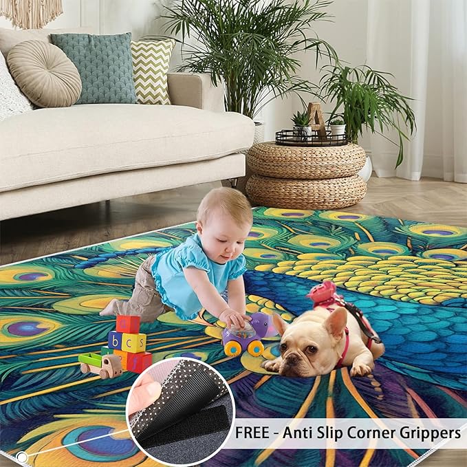 Peacock Rug 3x4-3x4 Rug, Wonderful Peacock Area Rugs for Bedroom, Teal Turquoise Rugs for Living Room, Modern Style Washable Mat, Malachite Green Feather Carpet - Peafowl Home Decor & Gifts