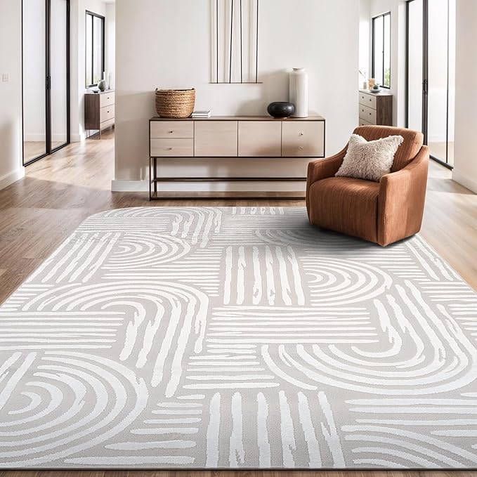 Beverly Rug Modern Geometric Area Rug 9x12 Low-High Pile Durable Soft Abstract Curved Indoor Rugs for Living Dining Room Office Stain Resistant Non Shedding Casual Indoor Carpet Beige White 9 x 12
