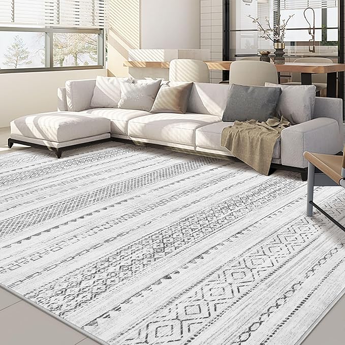 Nakagishi Area Rugs 8x10 Living Room: Washable Boho Large Neutral Soft Farmhouse Rug Stain Resistant Modern Geometric Non-Slip Indoor Carpet for Bedroom Nursery Kids Playroom Office Dining Room- Grey