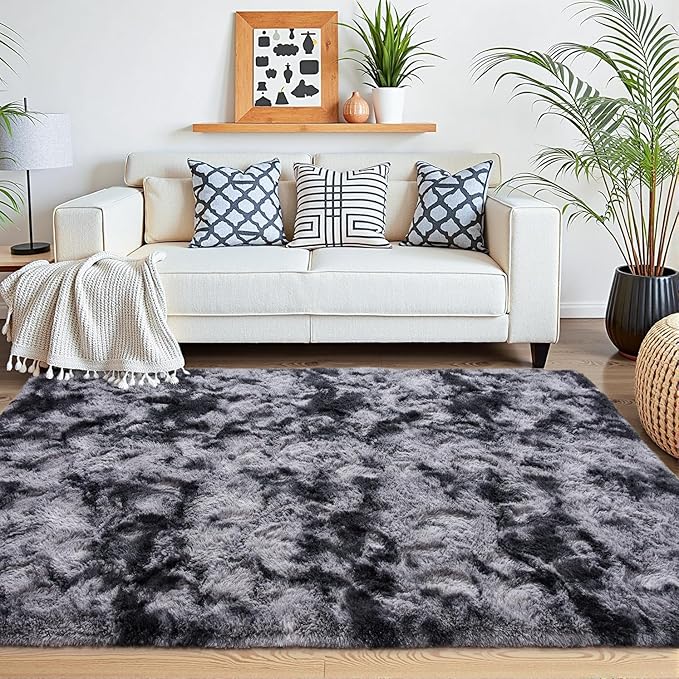 Beglad Fluffy Large Area Rugs 8x10 Feet, Modern Minimalist Style Shag Fuzzy Rugs, Non-Slip Indoor Carpet Soft Rugs for Kids Room, Bedroom & Living Room, Tie-Dyed Black&Dark Grey