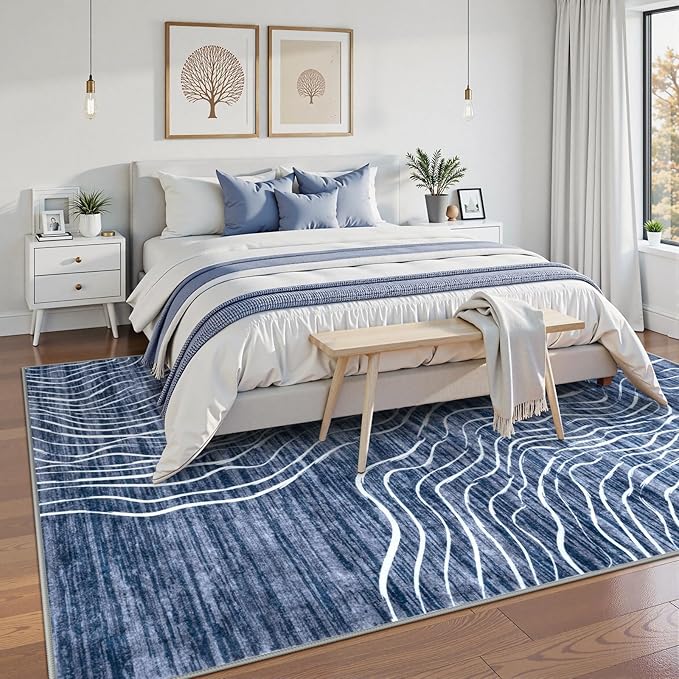 LIVEBOX Machine Washable Modern Abstract 6x9 Area Rug, Non Slip Large Bedroom Living Room Nursery Girl Rug Minimalist Wave Striped Neutral Boys Rug, Carpet for Dining Room Playroom(Navy Blue,6'x9')