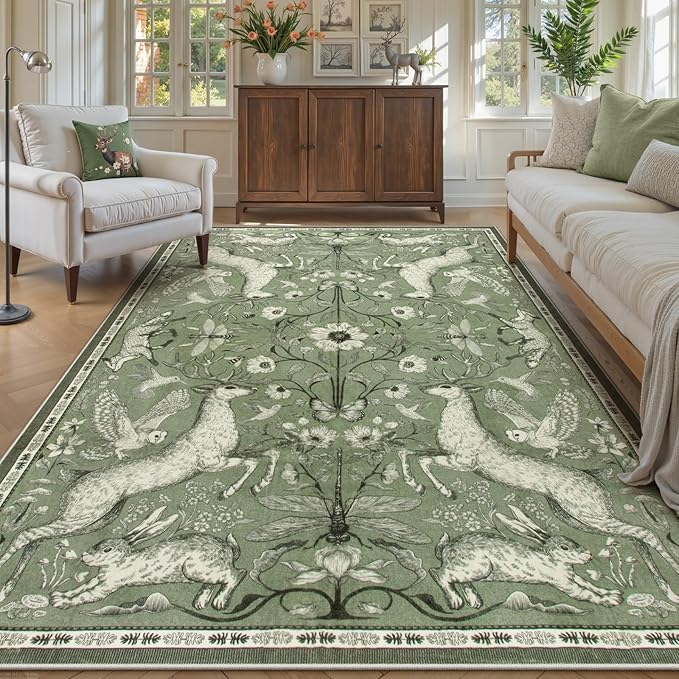 Lahome Boho Animal 6x9 Washable Living Room Area Rugs, Green Soft Rugs for Bedroom, Botanical Large Boho Non Slip Dining Room Carpet for Under Table Office Kids Playroom (6x9ft,Green)