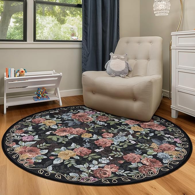 4ft Round Machine Washable Area Rug for Living Room, Black Vintage Boho Floral Rug Large Non-Slip Low Pile Soft Faux Wool Carpet, Kids and Pets Friendly for Bedroom Nursery Farmhouse Home Decor Rug