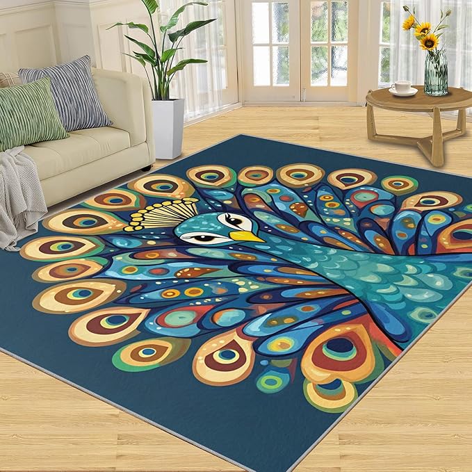 Boho Peacock Rugs for Living Room - 5x6 Rug, Peacock Decor Area Rugs for Bedroom, Teal Turquoise Rug, Modern Style Washable Carpet, Aesthetics Carpet - Peafowl Home Decor & Gifts