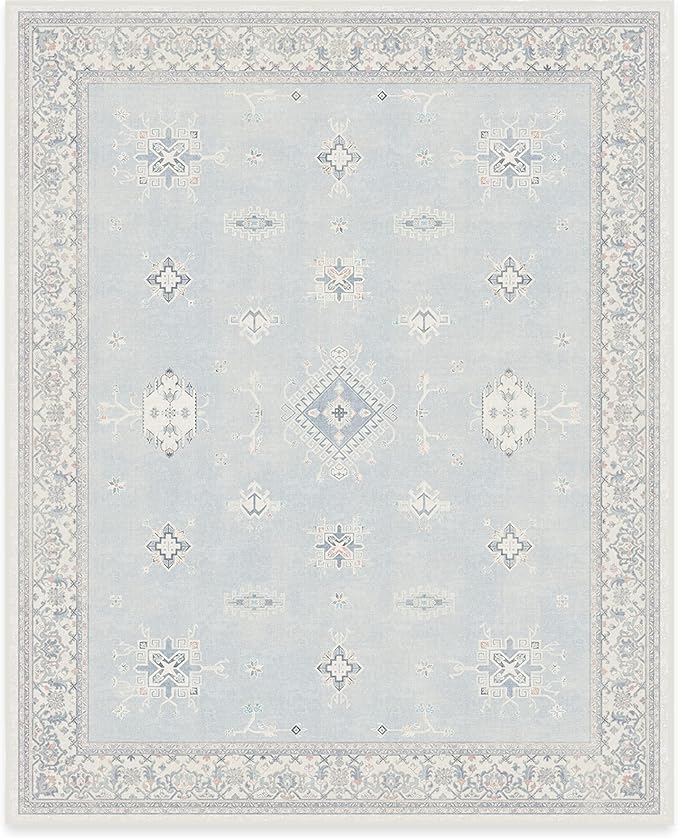 RUGGABLE Washable Vintage Area Rug – Verena Soft Blue 8x10, Stain-Resistant, Non-Slip – Large Machine Washable Rugs for Living Room, Bedroom, Hallway, Entryway & Office–with Cushioned Pad