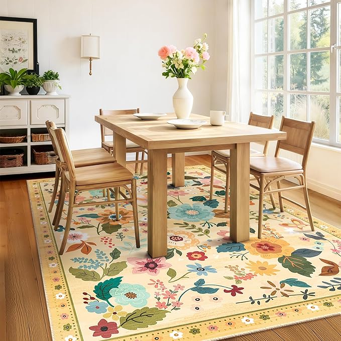 Floral 5x7 Area Rug Machine Washable Soft Print Boho Carpet Non Slip Doormat Low Pile Flower Area Rugs for Living Room Bedroom Nursery Kitchen Dining Room Indoor-Ivory/Yellow