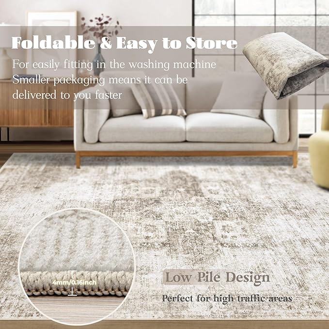 Area Rug 10x12 Washable Rug, Vintage Boho Medallion Rugs Non-Slip Soft Low Pile Large Distressed Rug Indoor Retro Carpet for Living Room Bedroom Dining Room Home Office (Taupe, 10'x12')