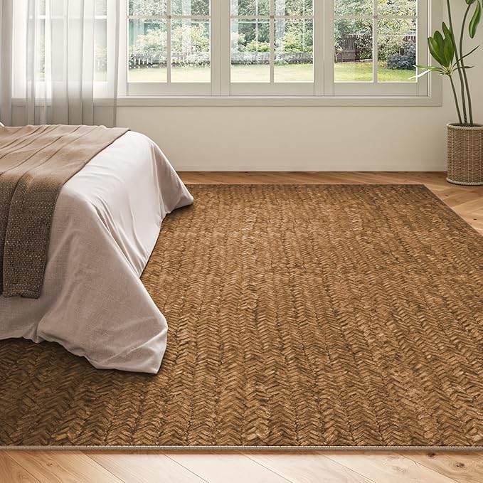 Eleisa Modern Vintage 8x10 Herringbone Chevron Area Rug for Living Room, Brown, Non-Slip Stain Resistant Washable Rug, Farmhouse Home Decor Carpet for Bedroom, Kitchen, Dining Room