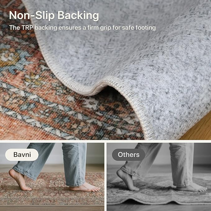 Bavni Washable Rug 2x4, Non Slip Small Runner for Entryway, Kitchen or Bathroom, Vintage Print Thin Low Pile Indoor Carpet, Brick