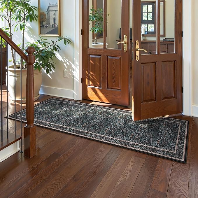 Lahome Floral Washable Kitchen Runner Rug, 2x6 Runners for Hallways Non Slip Ultra-Thin, Boho Soft Hallway Rug Forest Stain Resistance Black Carpet for Bedroom Bathroom Laundry Room, Black