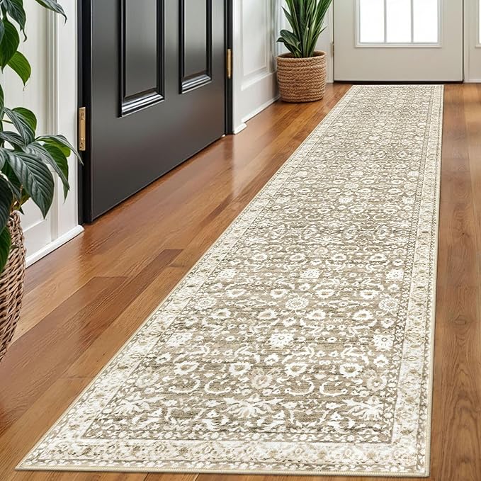 Runner Rug 2x10, Beige Tan White Washable Long Hallway Rug Runner Non-Slip Soft Kitchen Runner Thin Printed Faux Wool Super Soft Carpet for Entryway Bedroom Laundry Room Indoor Home Decor