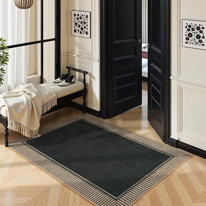 Moynesa Striped Border Easy Jute Outdoor Patio Rug 3x5, Washable Entryway Rug Non Slip with Rubber Backing, Farmhouse Modern Carpet for Backyard Bedroom Living Room Kitchen, Black