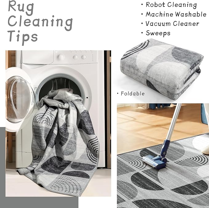MUJOO Runner Rug Washable,2x8 Area Rugs for Hallways Kitchen Bedroom Entryway Bathroom,Non Slip Carpet Long Mat Indoor,Boho Soft Modern Abstract Black and Grey