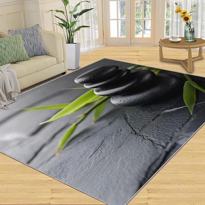 Zen Buddhism Rugs for Bedroom - 4x6 Area Rug - Black Zen Dianthus Leaf Rugs for Living Room, Meditation Yoga Rug, Washable Home Decor Carpet