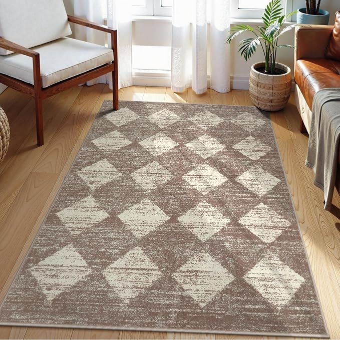Lahome Moroccan Treills Area Rug - 3x5 Beige Rugs for Living Room Washable Entry Mat, Checkered Modern Soft Pet Friendly Indoor Accent Carprt for Coffee Table Bedroom Family Dinning Room Playroom