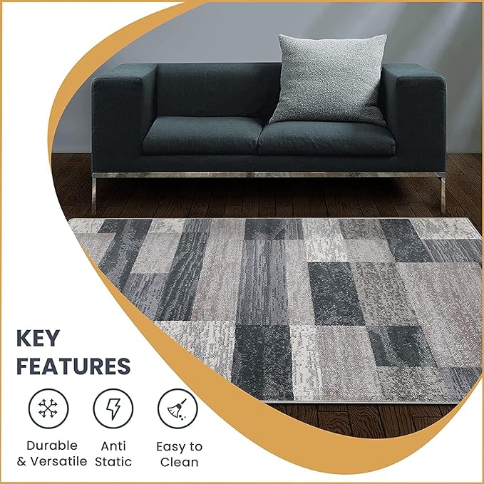 Superior Indoor Area Rug, Jute Backed, Modern Geometric Patchwork Floor Decor for Bedroom, Office, Living Room, Entryway, Hardwood Floors, Rockwood Collection, 2' x 3', Blue-Taupe