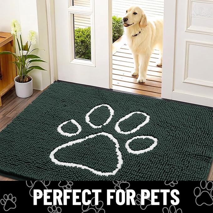 Smiry Dog Door Mat for Muddy Paws, Absorbent Dirt Trapper Non Slip Quick Dry Washable Chenille Mat for Mud Dogs, Entry Rug for Indoor and Outdoor (48x30 Inches, Green and White)