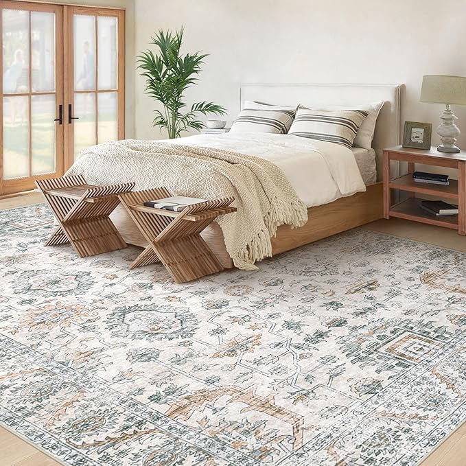 Area Rug 8x10 Living Room Rug, Machine Washable Vintage Distressed Boho Area Rug Non-Slip Soft Low Pile Large Indoor Rugs for Bedroom Kitchen Dining Room Office(Brown Green,8'x10')